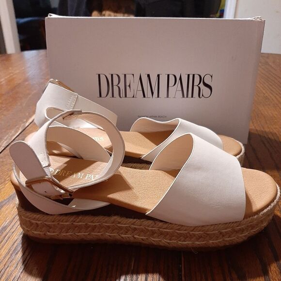 New 7.5 Dream Pairs White Platform Ankle Strap Open Toe Espadrille Wedge Shoes - Picture 8 of 10